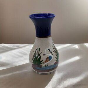 VTG Tonala Mexico Signed Pottery Vase Bird Flowers Blue Hand Painted Vase Native